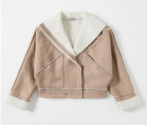 Chic Khaki Faux Lamb Wool Faux Suede Jacket Women Motorcycle Biker Jacket Lapel Zipper Loose Coat Outerwear Boyfriend 1