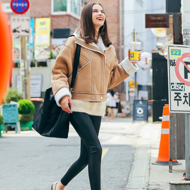 Chic Khaki Faux Lamb Wool Faux Suede Jacket Women Motorcycle Biker Jacket Lapel Zipper Loose Coat Outerwear Boyfriend 2