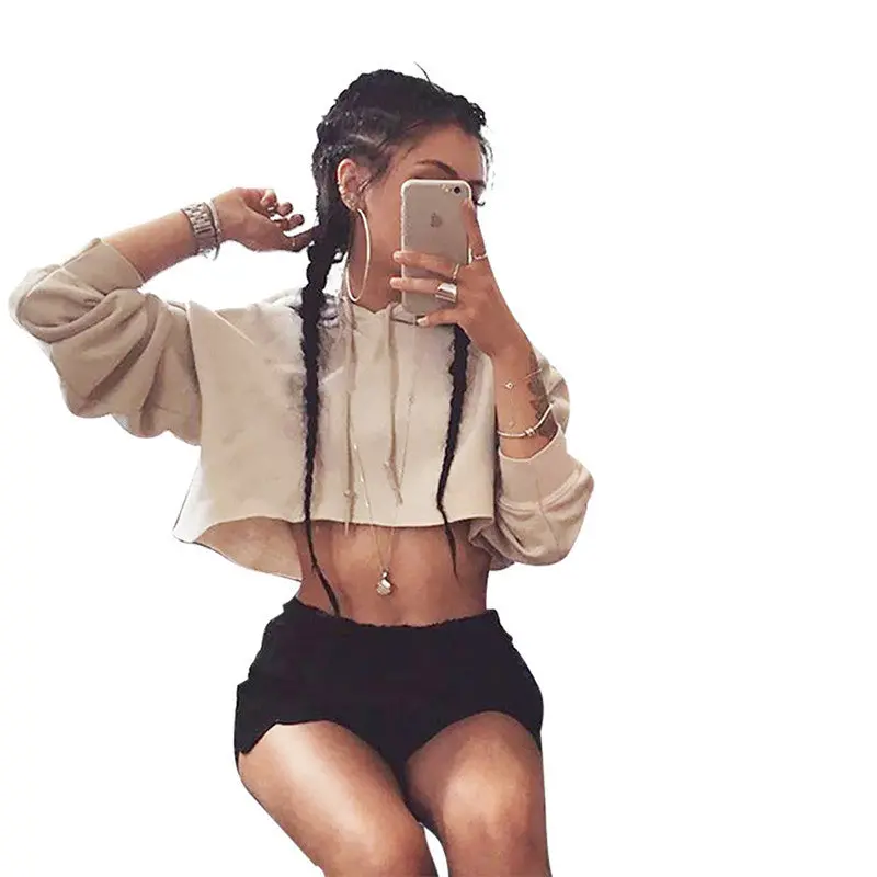 Chic O Neck Sweatshirt Women Cropped Hoody Short Featuring Tops Hooded Tracksuits Sweatshirt Solid Color Pull Femme 4