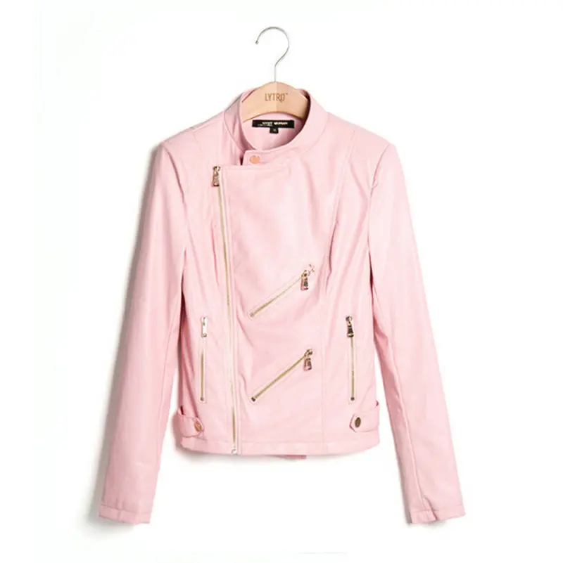 Chic Pink Pu Faux Leather Stand Collar Short Motorcycle Biker Jacket Women's Zipper Pockets Short Coat Outerwear Tops 1