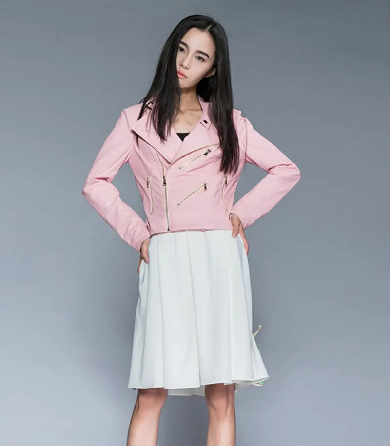 Chic Pink Pu Faux Leather Stand Collar Short Motorcycle Biker Jacket Women's Zipper Pockets Short Coat Outerwear Tops 2