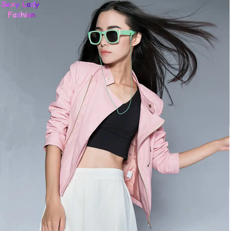 Chic Pink Pu Faux Leather Stand Collar Short Motorcycle Biker Jacket Women's Zipper Pockets Short Coat Outerwear Tops 3