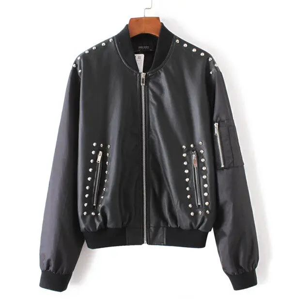 Chic Rivets Letter Bird Embroidery Faux Leather Jacket Woman Spliced Sleeve Short Motorcycle Biker Jacket Coat Outerwear 1
