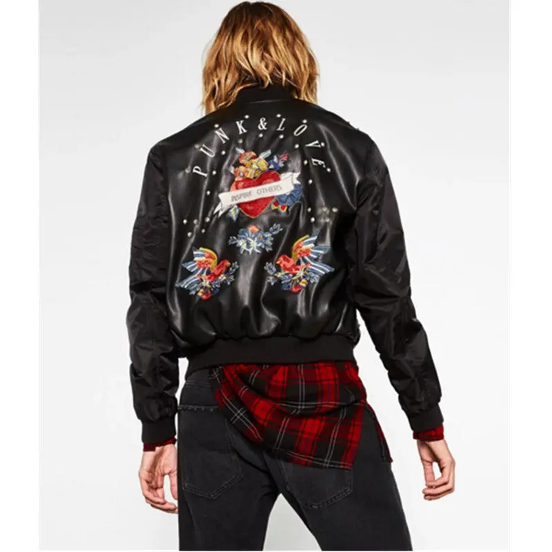 Chic Rivets Letter Bird Embroidery Faux Leather Jacket Woman Spliced Sleeve Short Motorcycle Biker Jacket Coat Outerwear 2