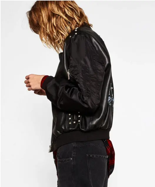 Chic Rivets Letter Bird Embroidery Faux Leather Jacket Woman Spliced Sleeve Short Motorcycle Biker Jacket Coat Outerwear 3