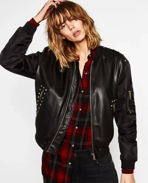 Chic Rivets Letter Bird Embroidery Faux Leather Jacket Woman Spliced Sleeve Short Motorcycle Biker Jacket Coat Outerwear 4