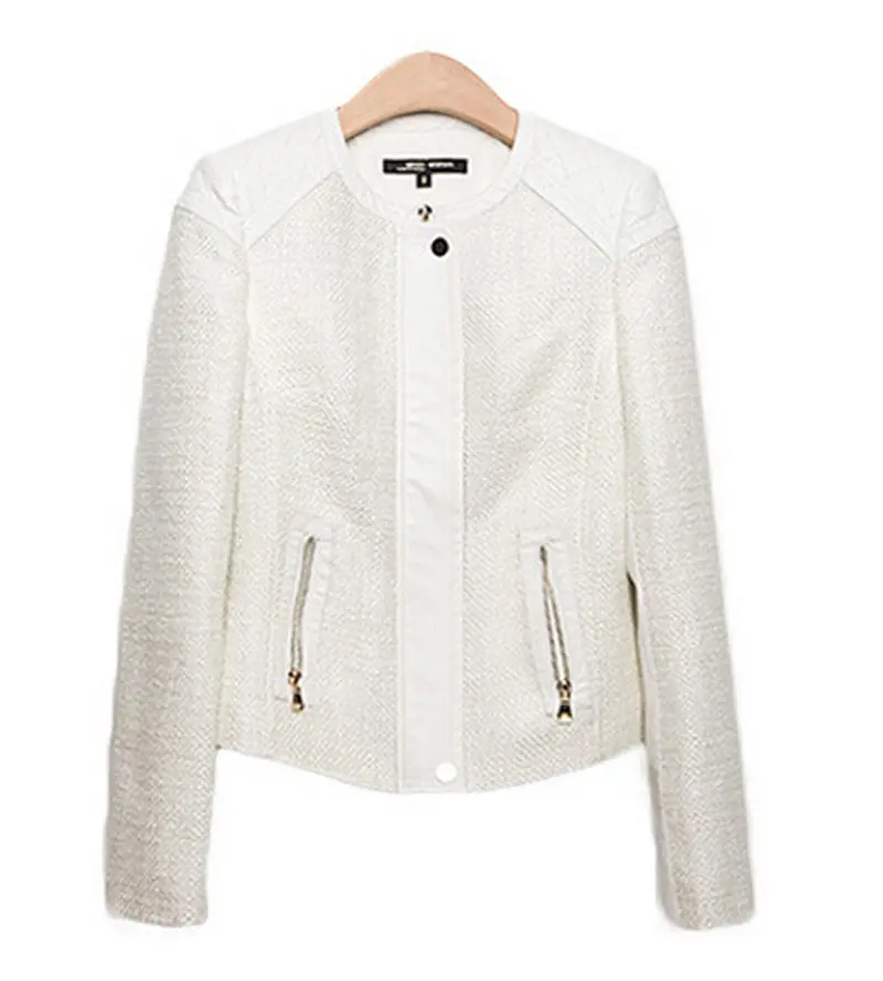 Chic Spliced White Pu Leather Shoulder & Sleeve Short Jacket Women's Collarless Long Sleeve Coat Outerwear Tops 1