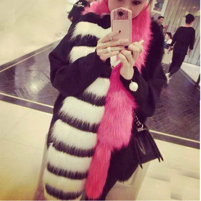 Chic Striped Pachwrok Faux Fox Fur Long Scarf Black Wither Contrast Pink Double Side Hairy Shaggy Scarves Shawl 1
