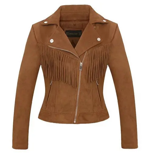 Chic Tassel Fringed Faux Suede Jacket Woman Short Motorcycle Biker Jacket Lapel Zipper Slim Fit Coat Outerwear 2 Color 1