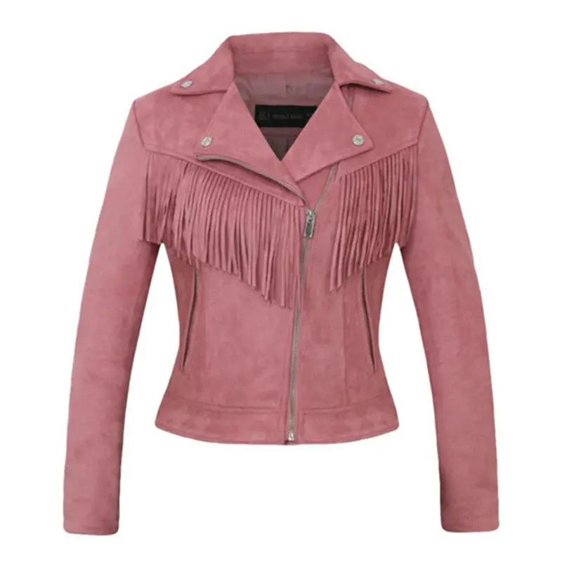 Chic Tassel Fringed Faux Suede Jacket Woman Short Motorcycle Biker Jacket Lapel Zipper Slim Fit Coat Outerwear 2 Color 3