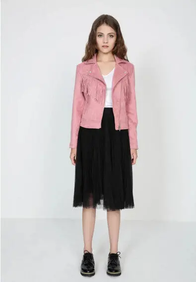 Chic Tassel Fringed Faux Suede Jacket Woman Short Motorcycle Biker Jacket Lapel Zipper Slim Fit Coat Outerwear 2 Color 4