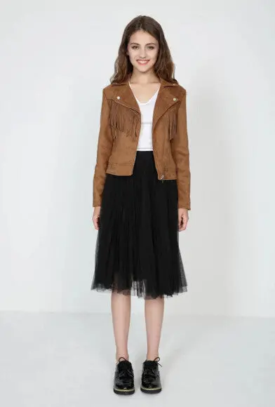 Chic Tassel Fringed Faux Suede Jacket Woman Short Motorcycle Biker Jacket Lapel Zipper Slim Fit Coat Outerwear 2 Color 5