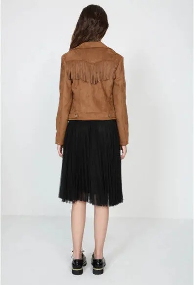 Chic Tassel Fringed Faux Suede Jacket Woman Short Motorcycle Biker Jacket Lapel Zipper Slim Fit Coat Outerwear 2 Color 6