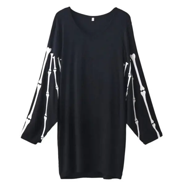 Chic V Neck Bone Print Batwing Sleeve Short Dress Woman Vintage Long Sleeve Package Hips Dresses Black 1