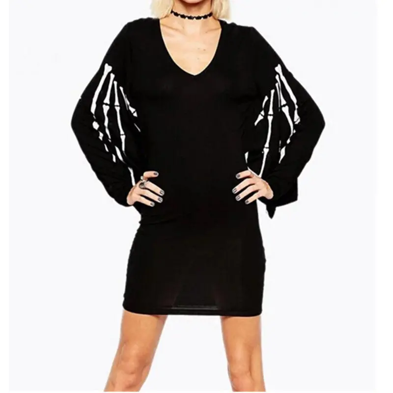 Chic V Neck Bone Print Batwing Sleeve Short Dress Woman Vintage Long Sleeve Package Hips Dresses Black 2