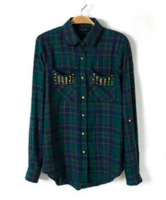 Chic Women's Classical Red & Black Plaid Rivets Pockets Lapel Turn-Up Long Sleeve Cotton Shirts Casual Blouse Tops 1