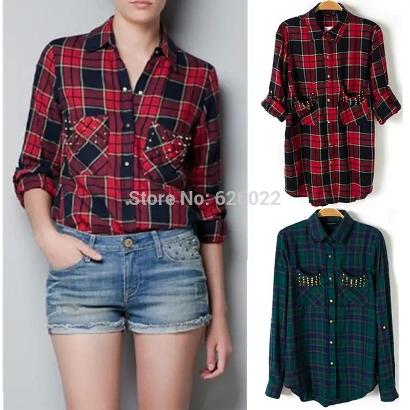Chic Women's Classical Red & Black Plaid Rivets Pockets Lapel Turn-Up Long Sleeve Cotton Shirts Casual Blouse Tops 3