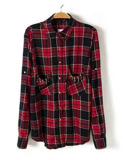 Chic Women's Classical Red & Black Plaid Rivets Pockets Lapel Turn-Up Long Sleeve Cotton Shirts Casual Blouse Tops 4
