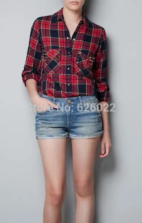 Chic Women's Classical Red & Black Plaid Rivets Pockets Lapel Turn-Up Long Sleeve Cotton Shirts Casual Blouse Tops 4