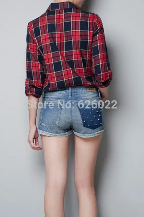 Chic Women's Classical Red & Black Plaid Rivets Pockets Lapel Turn-Up Long Sleeve Cotton Shirts Casual Blouse Tops 5