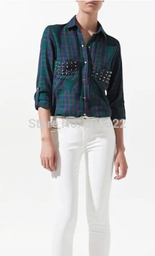 Chic Women's Classical Red & Black Plaid Rivets Pockets Lapel Turn-Up Long Sleeve Cotton Shirts Casual Blouse Tops 6