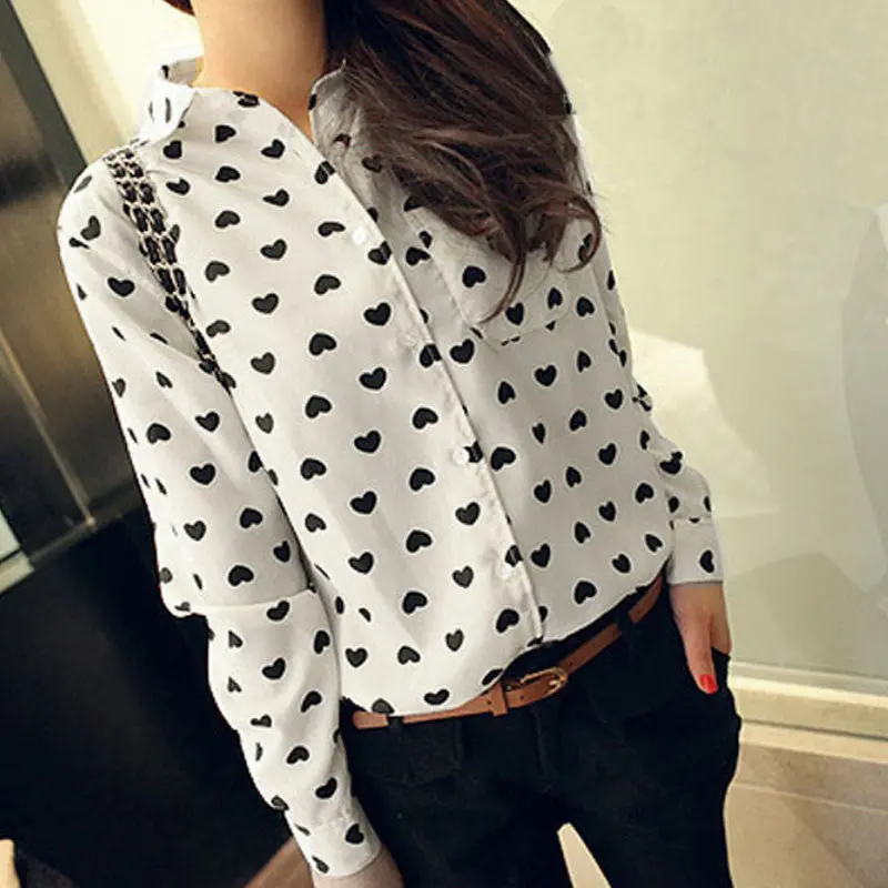 Chic Women's Shirt Turn Down Collar Blouse Shirt For Tops Lady Love Heart Sweet Blouses 1