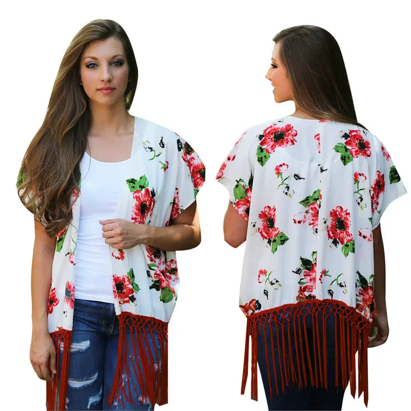 Chiffon Blouse Women Sweet Casual Floral Blouses Shawl Kimono Cardigan Tops Cover Up Blouse Chemise 2