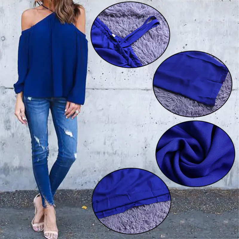 Chiffon Off Shoulder Tops Sleeved Casual Haletneck Blouse 10