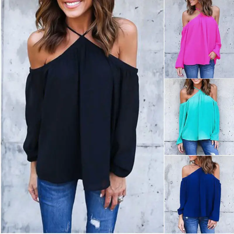 Chiffon Off Shoulder Tops Sleeved Casual Haletneck Blouse 5