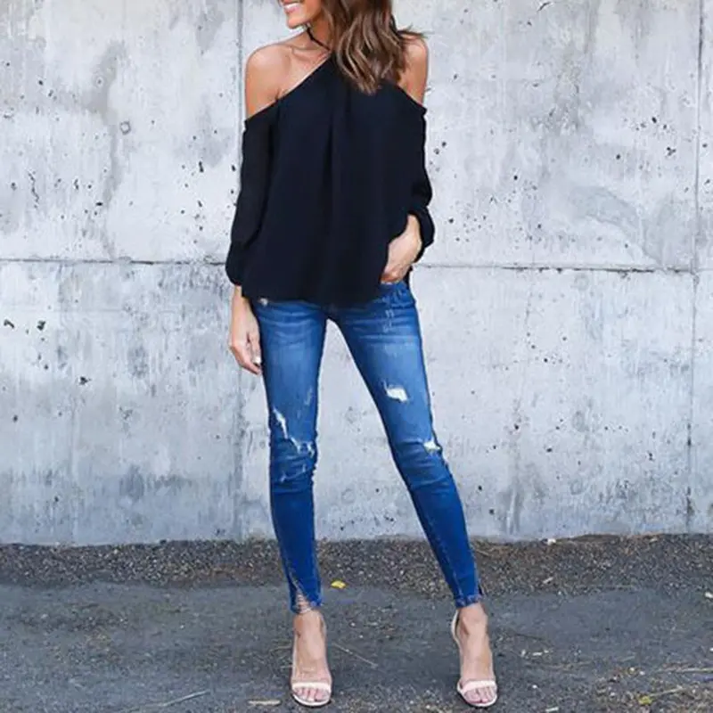 Chiffon Off Shoulder Tops Sleeved Casual Haletneck Blouse 6