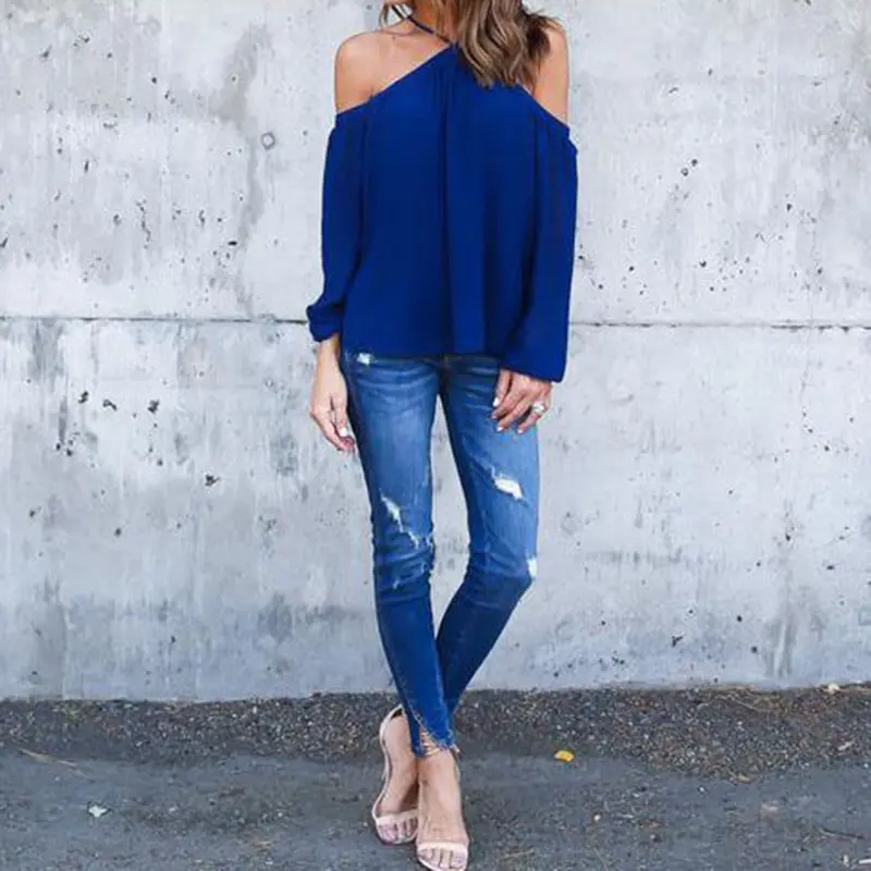 Chiffon Off Shoulder Tops Sleeved Casual Haletneck Blouse 7