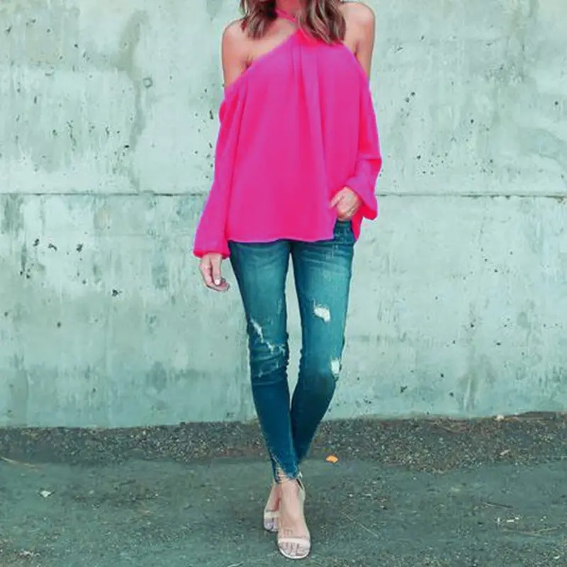 Chiffon Off Shoulder Tops Sleeved Casual Haletneck Blouse 8