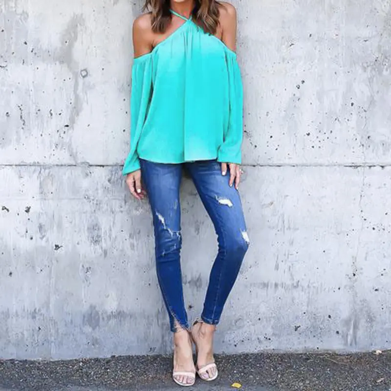 Chiffon Off Shoulder Tops Sleeved Casual Haletneck Blouse 9
