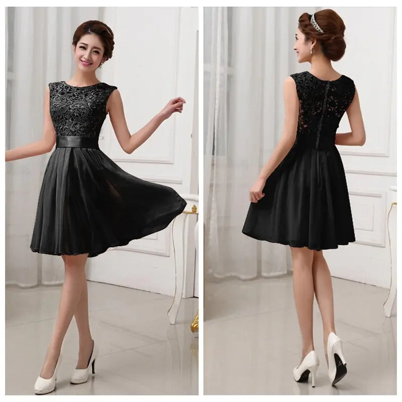 Chiffon Style Dress Black Lace Formal Dress Sleeveless Knee Length Party Dresses Elegant Back Zipper 1