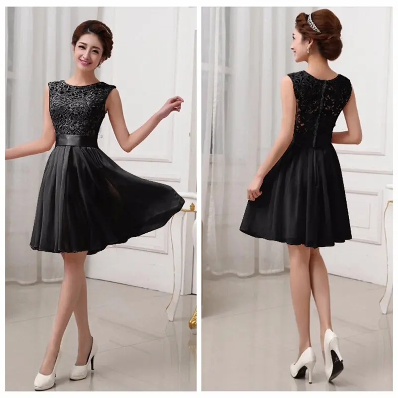 Chiffon Style Dress Black Lace Formal Dress Sleeveless Knee Length Party Dresses Elegant Back Zipper 5
