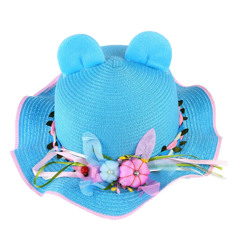 Children Girls Sun Hats Baby Beach Hat Princess Bucket Straw Cat Ear Hat Sun Caps 1