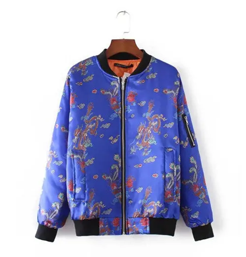 Chinese Dragon Phoenix Print Thin Padad Pilots Jacket Yokosuka Women Harajuku Stand Collar Bomber Coat Pilots Outerwear 1