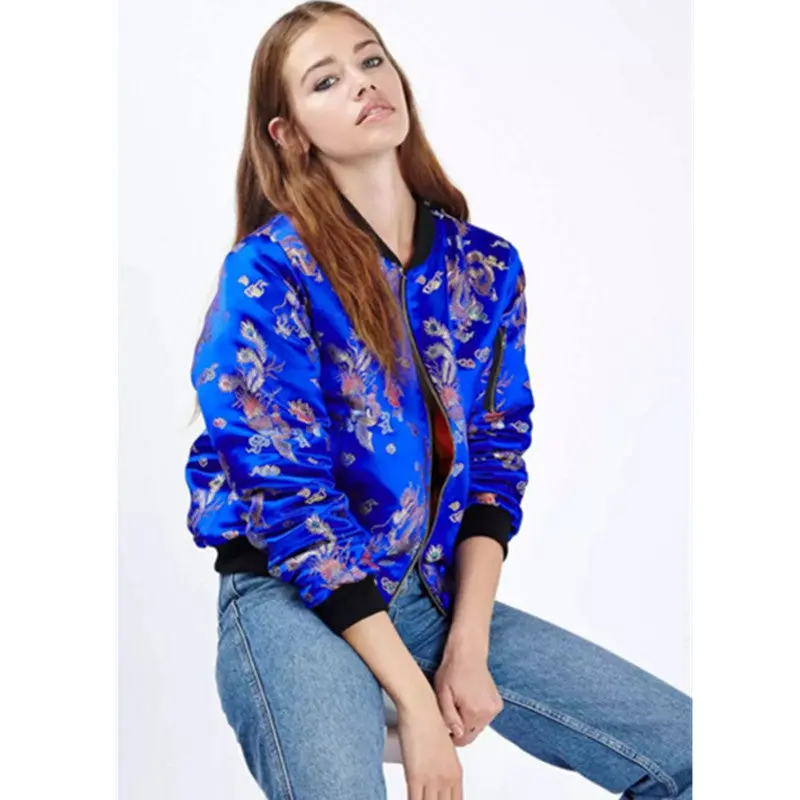 Chinese Dragon Phoenix Print Thin Padad Pilots Jacket Yokosuka Women Harajuku Stand Collar Bomber Coat Pilots Outerwear 2