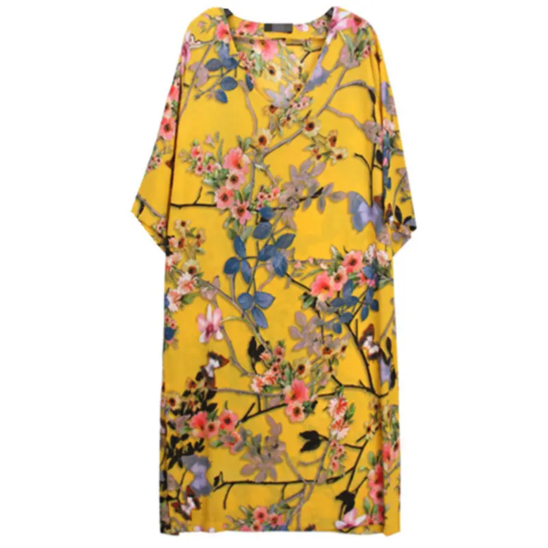 Chinese Ink Painting Flower Print Long Shirt Dress Vintage Women V Neck Loose Shift Dress Large Size 1