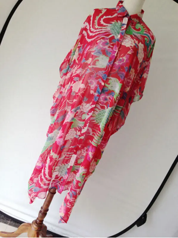 Chinese Red Phoenix Floral Print Long Shirt Dress Women Lapel Bat Sleeve Loose Shift Dress Large Size 1
