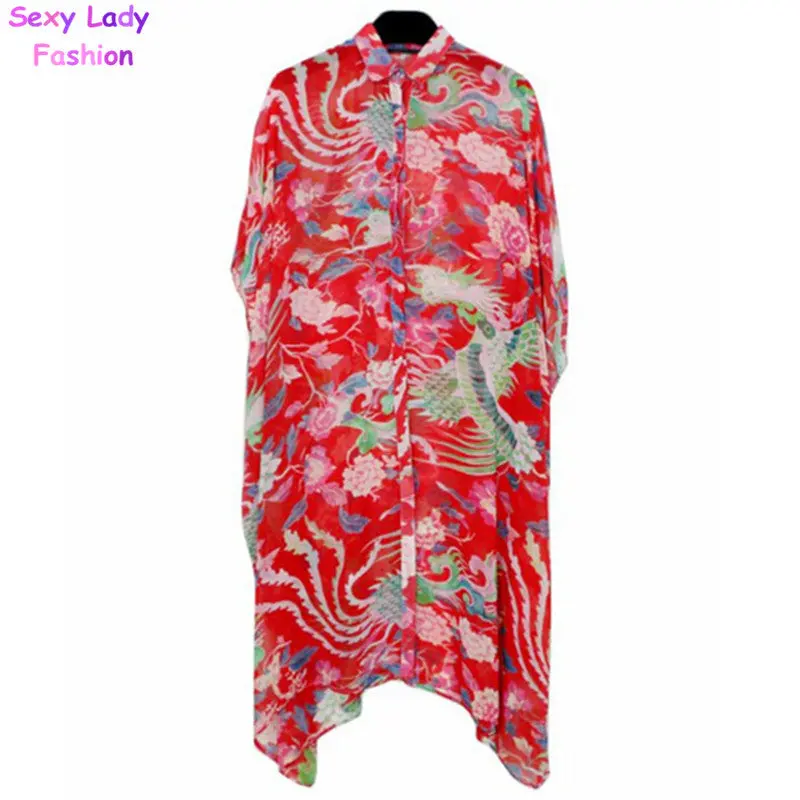 Chinese Red Phoenix Floral Print Long Shirt Dress Women Lapel Bat Sleeve Loose Shift Dress Large Size 2