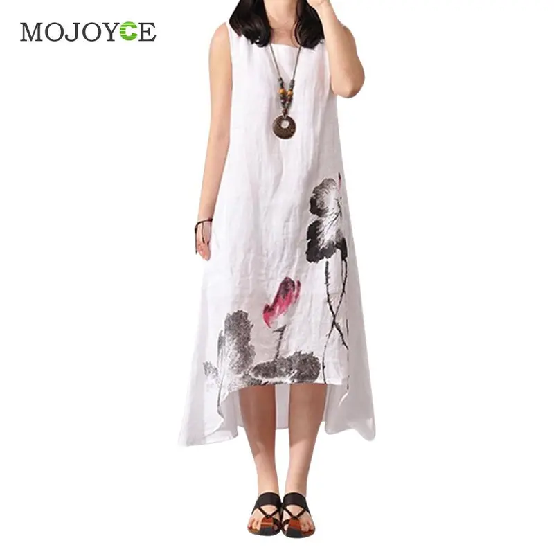 Chinese Style Long Dress Women Boho Loose Cotton Linen Sundress Sleeveless Bohemian Dress 1