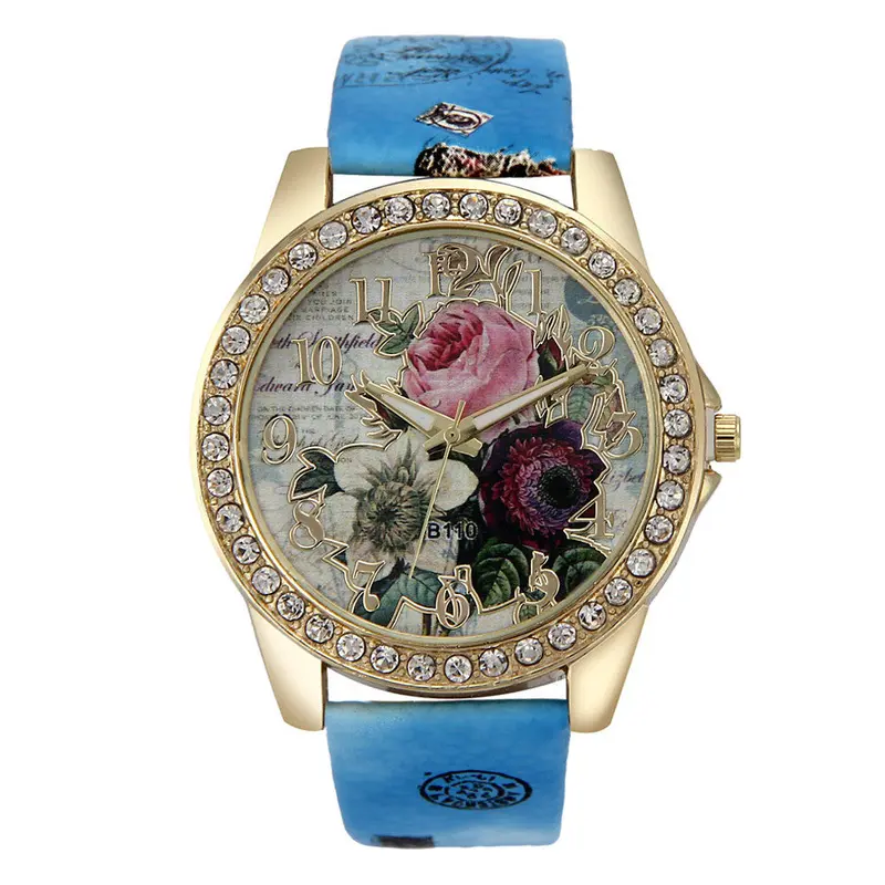 Chinese Style Peony Pattern Watch Gilt Digital Quartz Casual Leather Clock Women Dress Flower Wristwatch 1