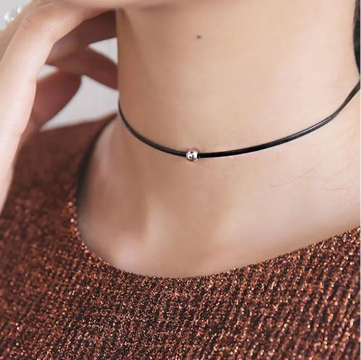 Choker Necklace Black Leather Rope Necklaces Chokers With Metal Beads Short Necklace Party Gift 1