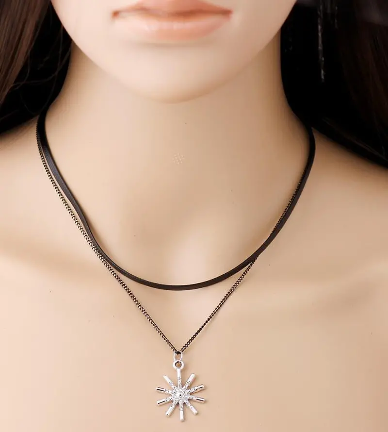 Choker Necklace Black Leather Snowflower Crystal Pendant Necklace Gift Psxl036 2