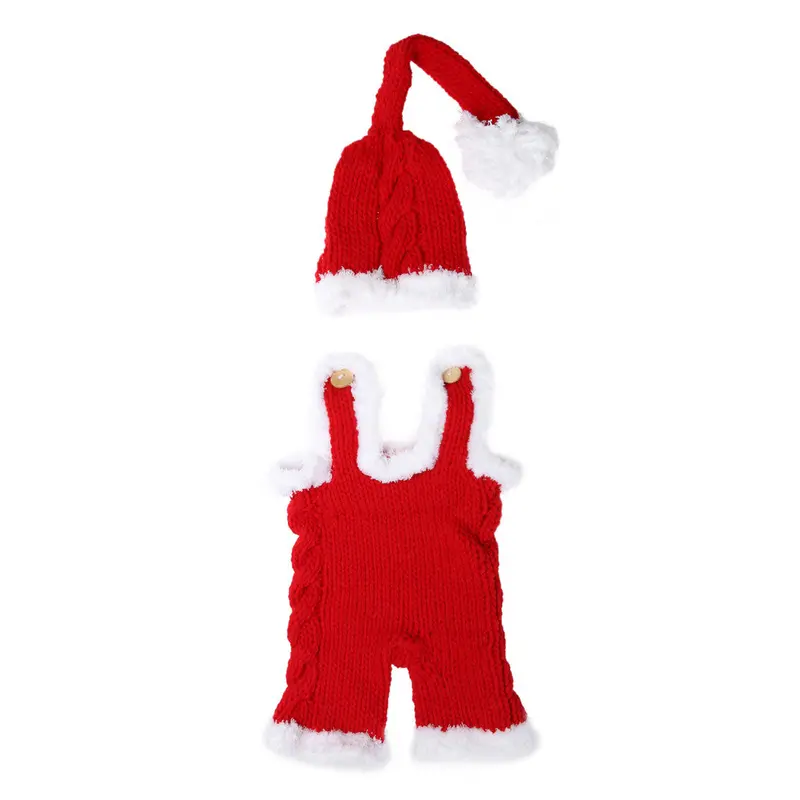 Christmas Born Pography Props Baby Infant Xmas Crochet Knit Costume Santa Claus Hat Rompers Red 1