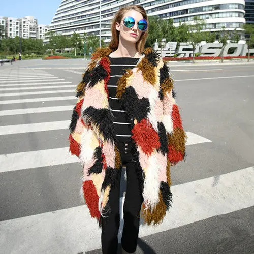 Circle Hairy Shaggy Faux Sheep Fur Stitching Ostrich Fur Warm Coat Women Contrast Color Irruglar Long Trench Warm Outerwear 1