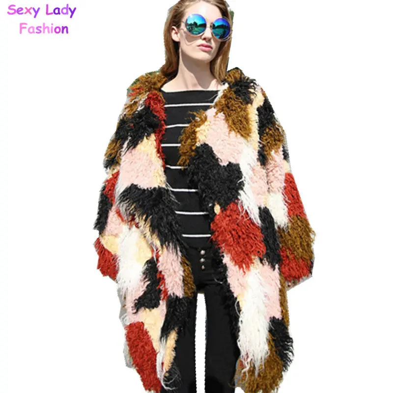 Circle Hairy Shaggy Faux Sheep Fur Stitching Ostrich Fur Warm Coat Women Contrast Color Irruglar Long Trench Warm Outerwear 2