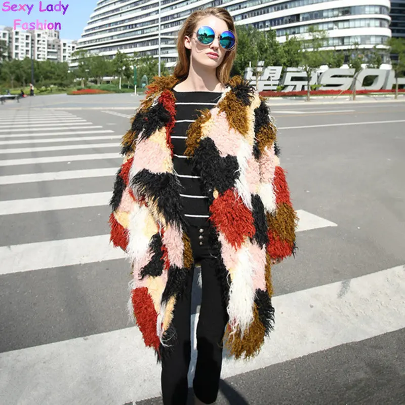 Circle Hairy Shaggy Faux Sheep Fur Stitching Ostrich Fur Warm Coat Women Contrast Color Irruglar Long Trench Warm Outerwear 3