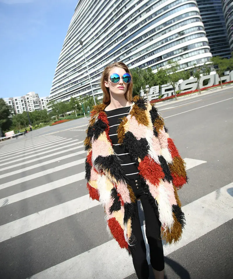 Circle Hairy Shaggy Faux Sheep Fur Stitching Ostrich Fur Warm Coat Women Contrast Color Irruglar Long Trench Warm Outerwear 4